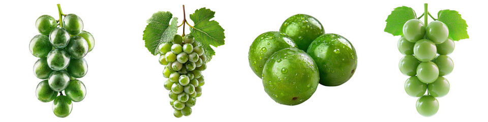 Obraz premium Green grapes fresh isolated on white background. Collection Set Png.