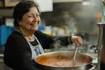 Close-up of a middle-aged Latina woman cooking a large pot of soup for a community event, warm and cheerful, brightly lit kitchen,