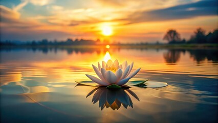 A serene lotus flower blooms in a lake's calm waters, surrounded by a golden sunrise that casts a warm glow across the scene , peaceful, reflection
