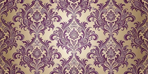Fototapeta premium Rich, intricate Purple damask pattern with curved floral elements and gold accents on a neutral beige background, purple damask, luxury fabric