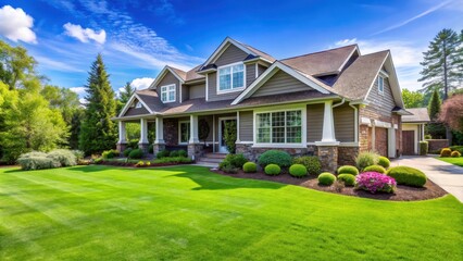 Fototapeta premium Beautiful Home With Green Grass Yard, outdoor, lawn, outdoor, lawn