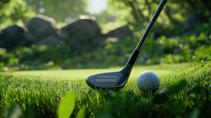 Golf clubs and balls on lush green grass in morning,playing golf,sport outdoor,golfing club for winning stroke or score,game joyful and happy concept.