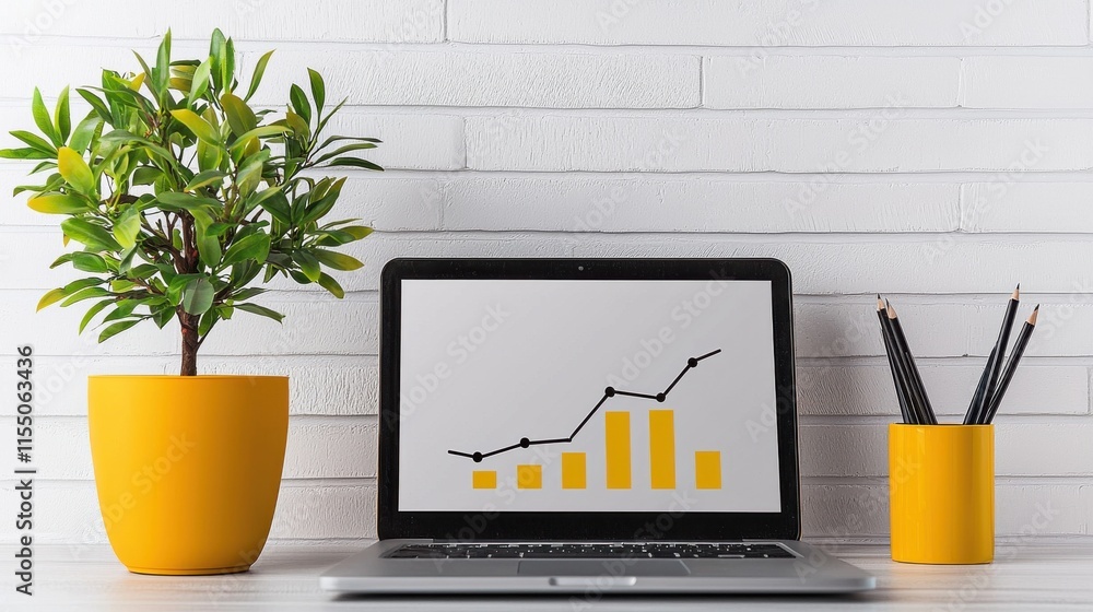 Poster laptop with data analytics graph on desk in modern workspace with potted plant