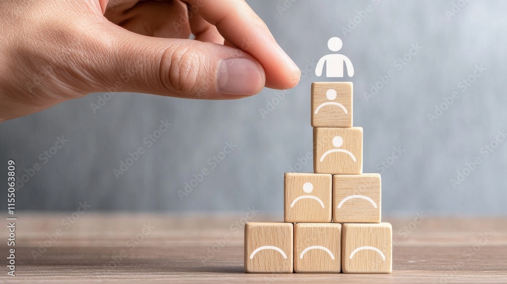 Poster constructing success a hand guiding wooden blocks into a towering structure