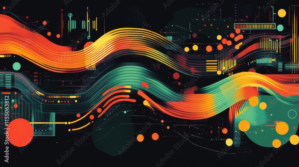 Poster abstract colorful waves with digital elements and geometric shapes