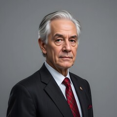 Elderly Man in a Suit and Red Tie Sitting Calmly with a Neutral Expression