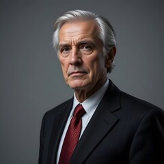 Elderly Man in a Suit and Red Tie Sitting Calmly with a Neutral Expression