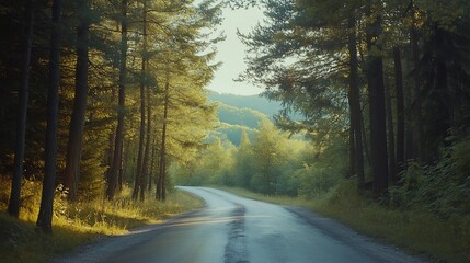 Fototapeta premium Scenic Winding Road Through a Lush Green Forest at Sunset