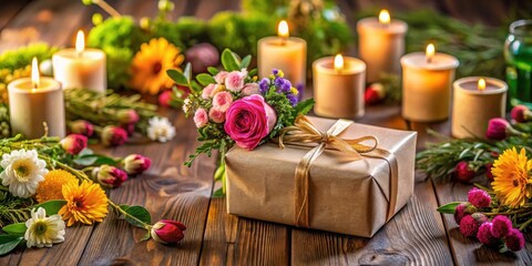 A beautifully wrapped gift with colorful flowers and greenery on a wooden table background, surrounded by candles and decorative items, present, wrapping paper