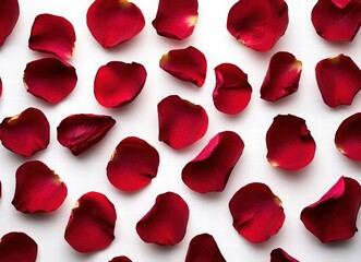 Red rose petals falling on a white background, a Valentine's Day concept.