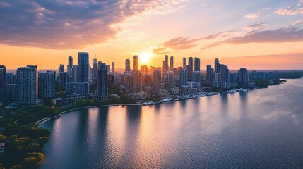 Fototapeta premium Sunset over Toronto Skyline. Cityscape, urban, travel, tourism, vacation, business, investment, real estate, architecture, modern, waterfront, lake, harbor, golden hour, panoramic, aerial view, Canada