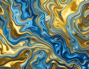 Abstract Swirling Blue and Gold Liquid Marble Design