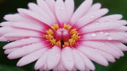 close up view of water droplets on a flower in the dark garden area, pink, green, and purple color