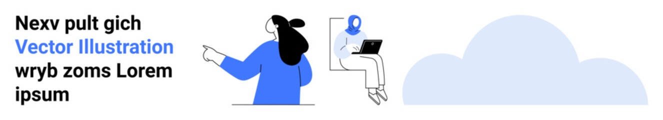 Two professionals engaged in a discussion one pointing at a board, the other seated with a laptop, large cloud icon. Ideal for business, teamwork, digital platforms, remote work, education