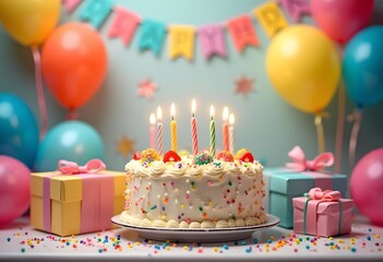 Birthday cake with different sweets on table