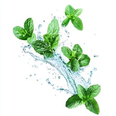 Fresh mint leaves splashing in water. (10)