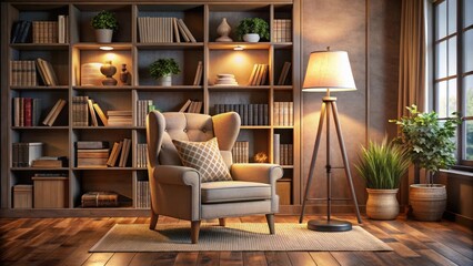 A cozy reading nook with a plush armchair and a floor lamp surrounded by books and a few decorative objects , calm atmosphere, snug space
