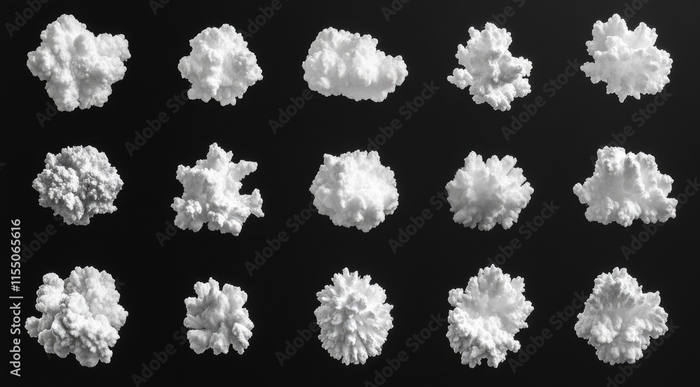 Poster a grid of various abstract white cloud-like forms on a dark background.
