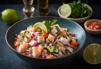 Ceviche, a Peruvian dish, features raw fish marinated in citrus juice with onions, cilantro, and chili peppers