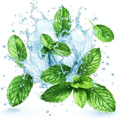 Fresh mint leaves splashing in water. (14)