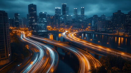 Fototapeta premium A cityscape at night, with illuminated motorways winding through the urban landscape and skyscrapers standing tall in the background