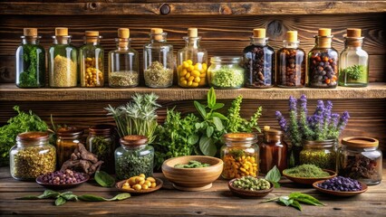 Fototapeta premium Herbal remedies arranged on a wooden shelf, natural remedies, wooden shelf