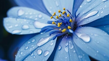 a close up view of a blue flower with water droplets on it's petals