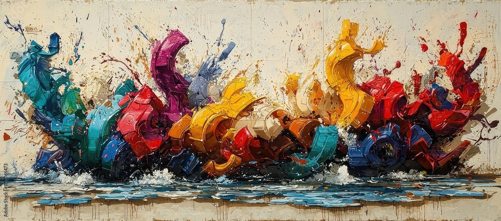 Poster a vibrant abstract artwork depicting colorful splashes and fluid forms resembling waves.