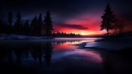 Fototapeta premium Majestic Winter Sunset Over a Frozen Lake in a Pine Forest