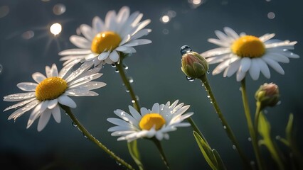 daisies with water droplets sitting in the sun near water droplets on them and against a blue backdrop