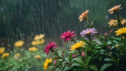 flowers and a rain showering in the background in front of a dark wood wall