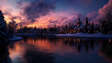 Fototapeta premium Winter Sunset over a Snow-Covered Castle by the Lake