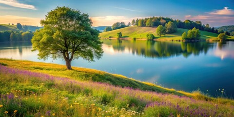 A solitary tree stands on a small hill overlooking a serene lake surrounded by lush greenery and vibrant wildflowers , solitude, lake