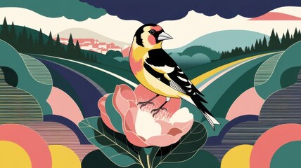 A professional artistic illustration of a goldfinch perched on a blossoming branch with pink flowers