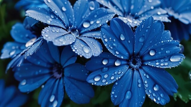 a close up of blue flowers with water droplets on them, while an insect approaches