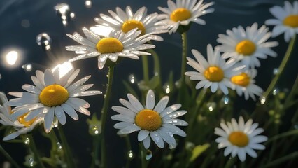 Fototapeta premium daisies with water droplets sitting in the sun near water droplets on them and against a blue backdrop