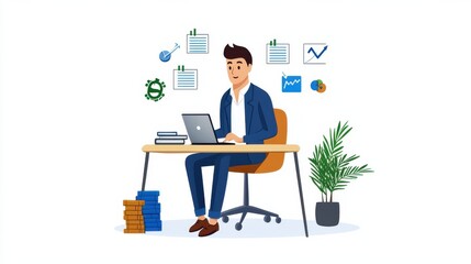 Focused Businessman Working on Laptop at Office Desk with Organized Workspace