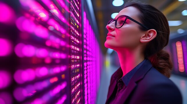 Woman examining glowing server rack. - Powered by Adobe