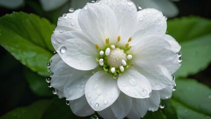 a close up view of a white flower with drops of water on it's petals