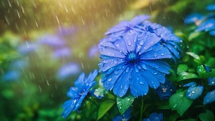 blue flowers and rain drops in the foreground in this blurred image
