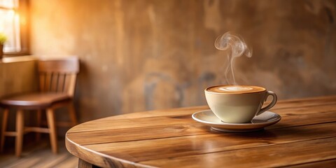 Obraz premium A steaming cup of coffee sits alone on a small wooden table in a cozy coffee shop atmosphere with warm beige walls and natural wood accents, cafe, table