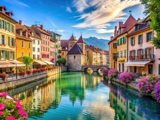 Naklejka premium Annecy France Cityscape, Picturesque Lake Views, Alpine Scenery, Charming Old Town, Canal du Thiou, French Alps, Romantic Getaway