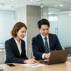 Fototapeta premium Training and Skill Development in a Corporate Setting with Two Young Japanese Professionals Collaborating on a Project