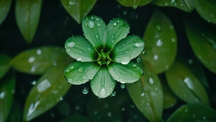 water droplets are shown on a plant with green leaves and dark background, including black, grey and red
