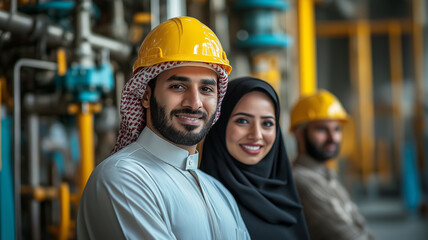 Saudi Emirati Egyptian Gulf Arab Muslim female engineer team wearing helmet and protective vest, construction plan, real estate factory office background