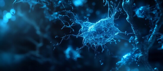 Microscopic view of a neuron cell, glowing blue, intricate details visible.