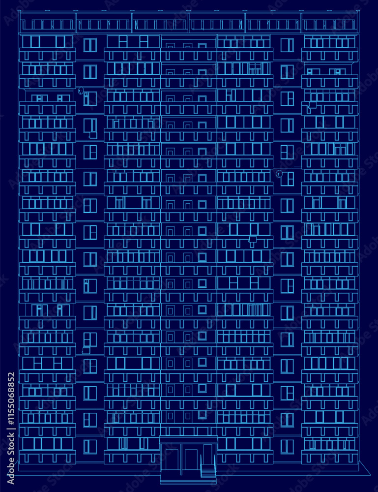 Poster blue building with many windows and a large entrance. the building is very tall and has a modern loo