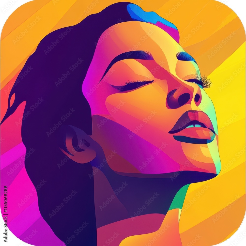 Poster vibrant pop art portrait of a woman with closed eyes and abstract colors emphasizing expression and 