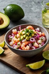 Obraz premium Ceviche, a Peruvian dish, features raw fish marinated in citrus juice with onions, cilantro, and chili peppers