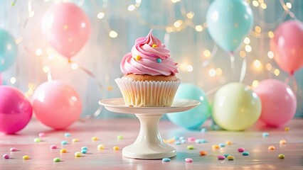 Colorful birthday cupcake sits on a tiered stand with pastel pink and white decorations amidst balloons and confetti in a whimsical setting, birthday cupcake, dessert